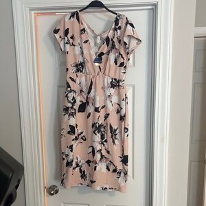 Maternity PinkBlush Floral Midi Dress in Pink and Black